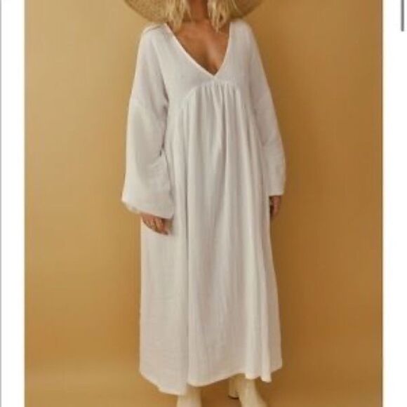 Boheme Goods French Maxi Tan Cream Dress Garmentory Oversized Size 2 - Picture 6 of 10